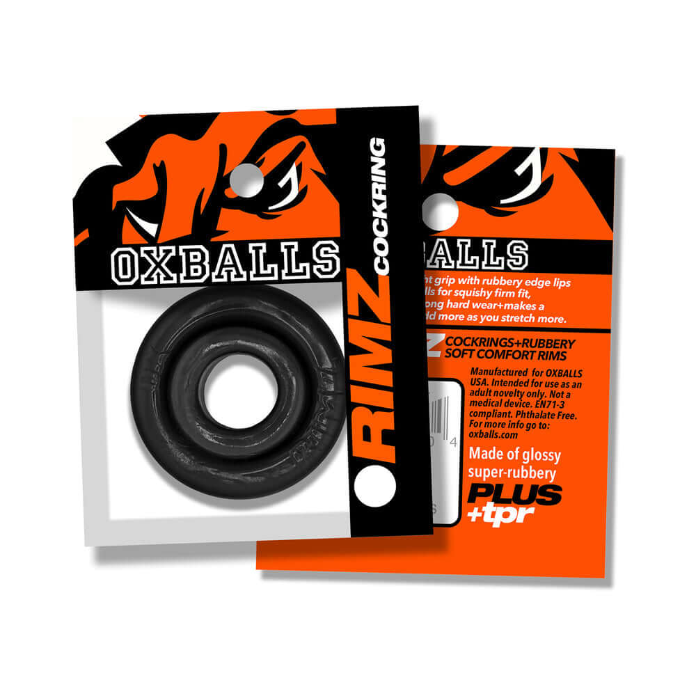 Oxballs Rimz Single Ring Black packaging with product displayed, showcasing its rubbery comfort design.