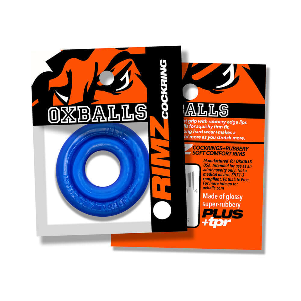 Oxballs Rimz Single Ring Pool product image featuring a blue cock ring and packaging.