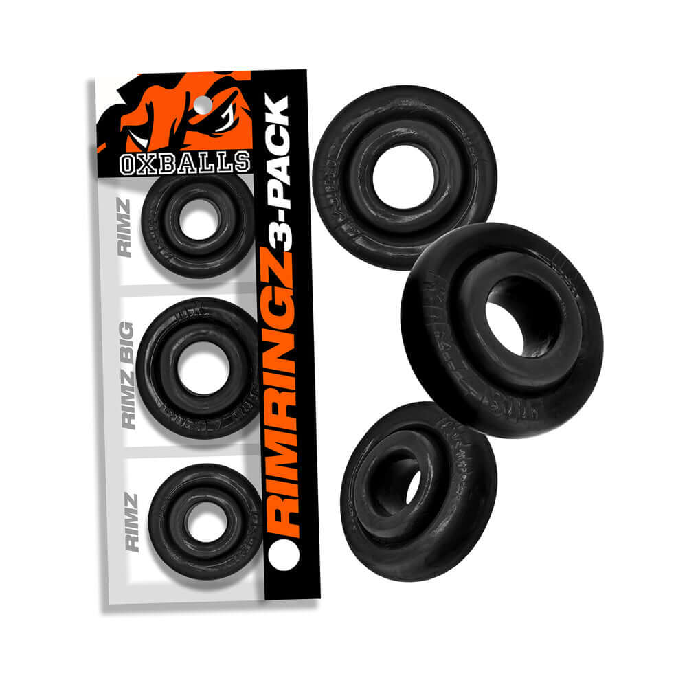 Oxballs Rimringz Multi Size 3-Pack Black featuring three different cock rings for versatile fitting options.