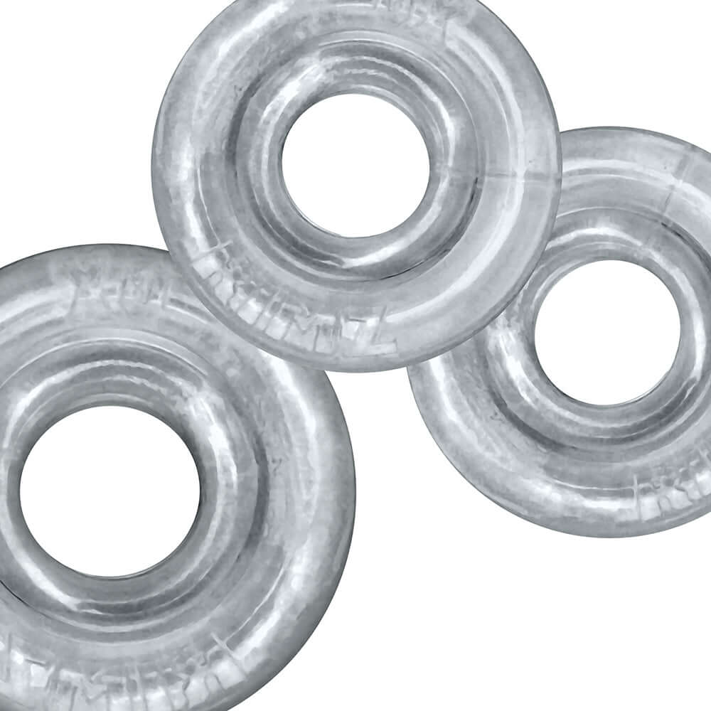 Oxballs Rimringz Multi Size 3-Pack Clear featuring three transparent cock rings for enhanced comfort and fit options.