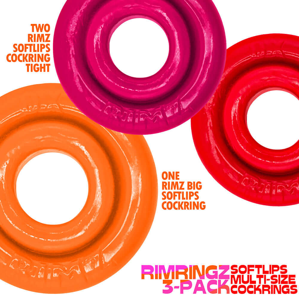 Oxballs Rimringz Multi Size 3-Pack Fire Hots featuring red, orange, and pink soft cock rings in a vibrant design.