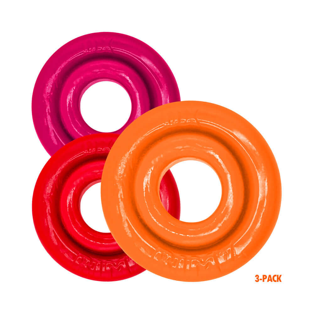 Oxballs Rimringz Multi Size 3-Pack Fire Hots in red, pink, and orange colors, featuring three versatile cock rings.