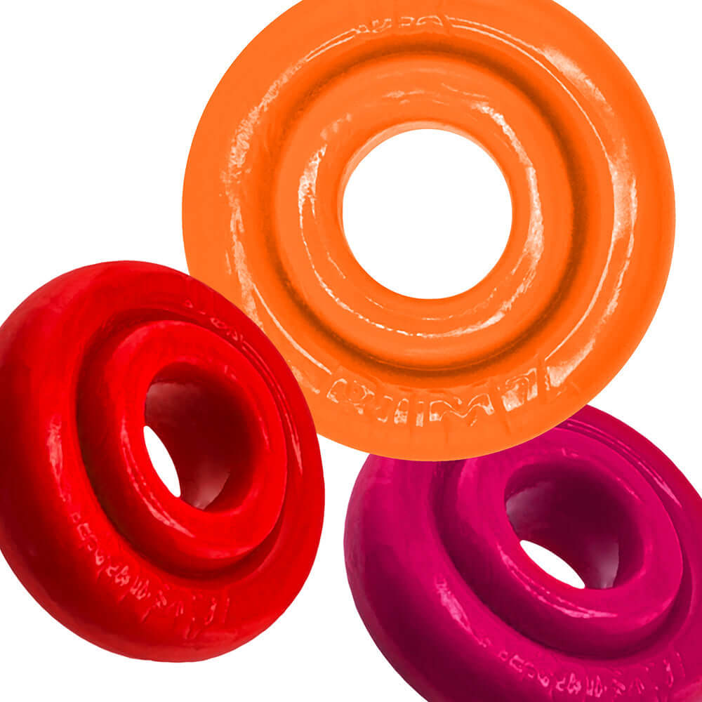 Oxballs Rimringz Multi Size 3-Pack Fire Hots featuring red, orange, and pink cock rings for enhanced comfort and flexibility.