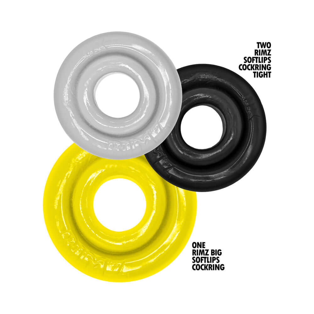 Oxballs Rimringz Multi Size 3-Pack Shockwave in grey, black, and yellow colors displayed together.