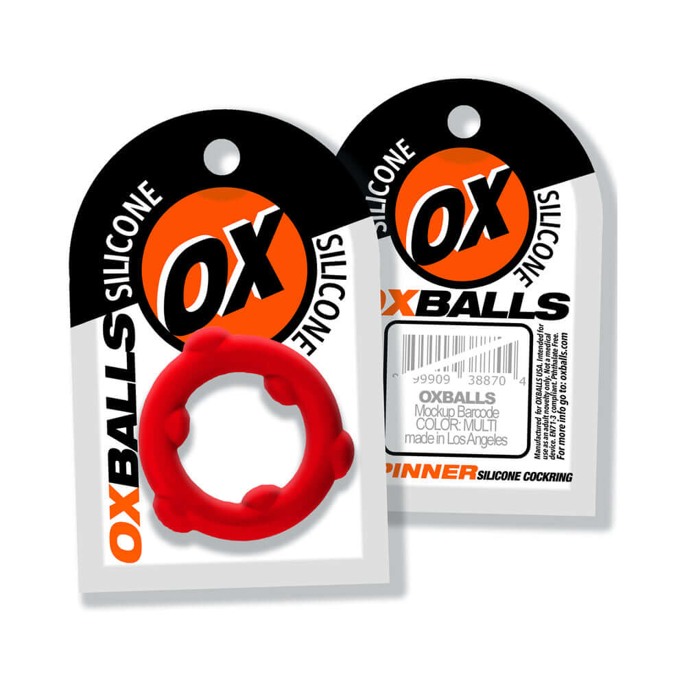 Oxballs Spinner Single Silicone Ring Red displayed in packaging designed for silicone cock rings.