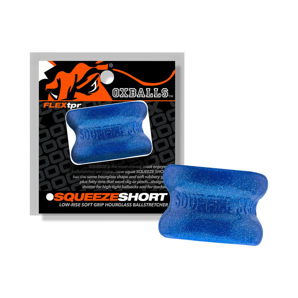 Oxballs Squeeze Short Ballstretcher Blue Fire packaging and product on display for secure stretching.