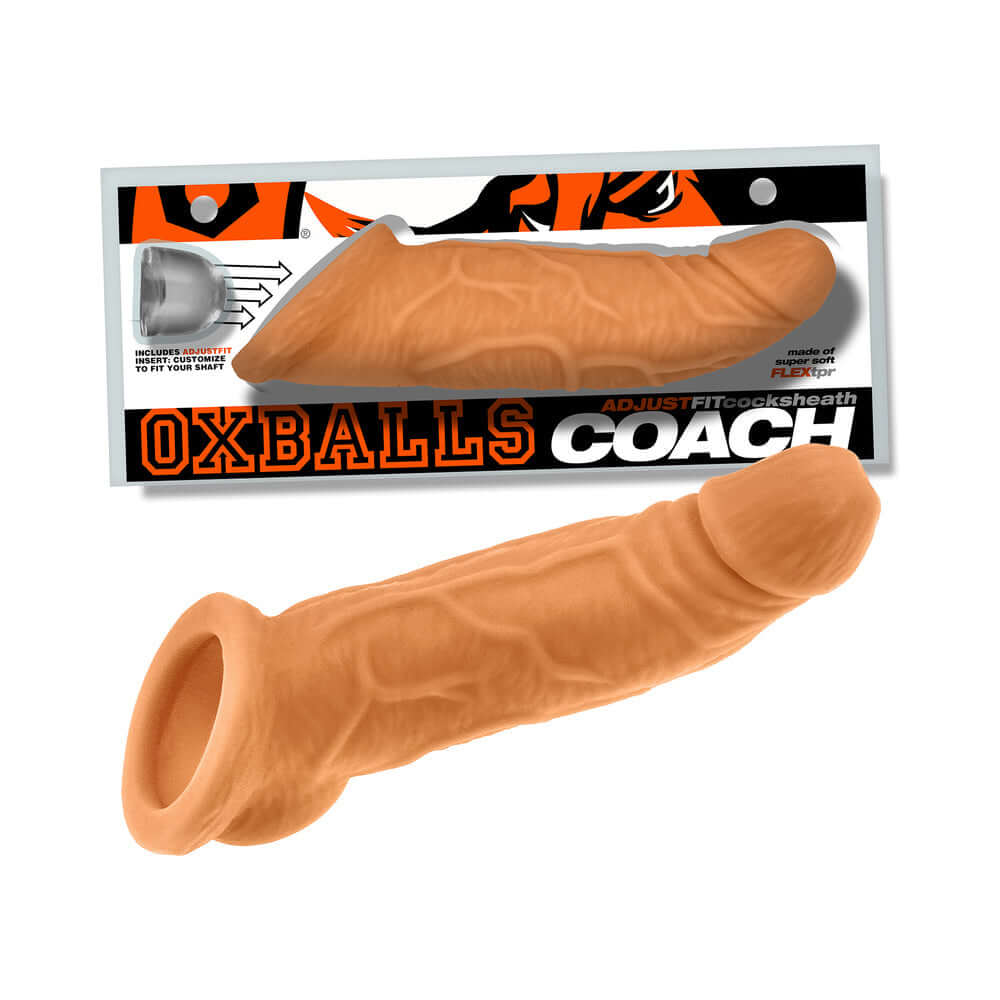 Oxballs Coach Cocksheath Skinz Peachy packaging and product displayed together, emphasizing realistic design and adjustable fit.