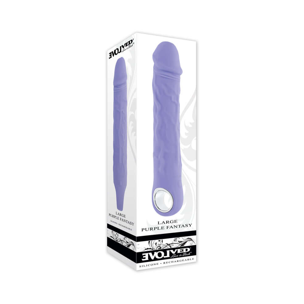 Evolved Large Purple Fantasy Vibrator box packaging showcasing the realistic design and powerful features.