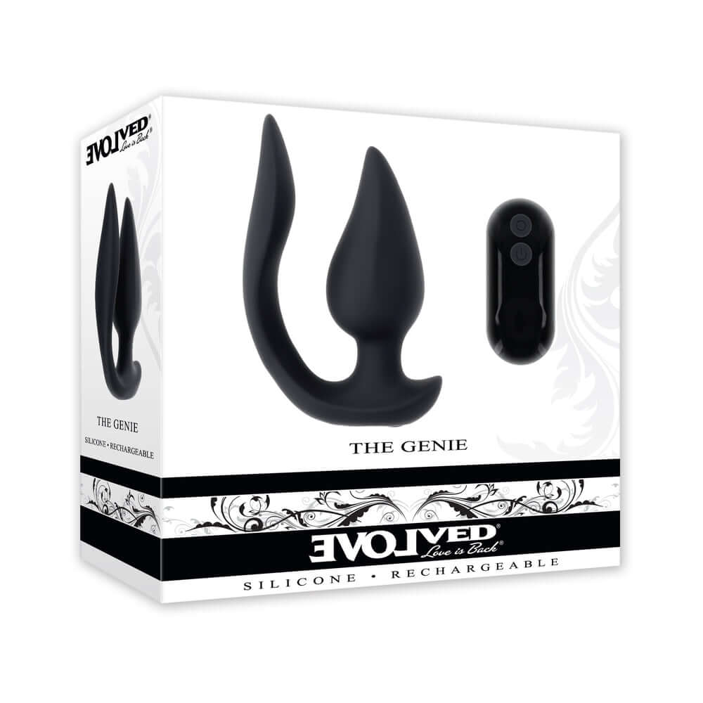 Evolved The Genie Anal Plug Black packaging showcasing the sleek design and features of the dual-motor toy.