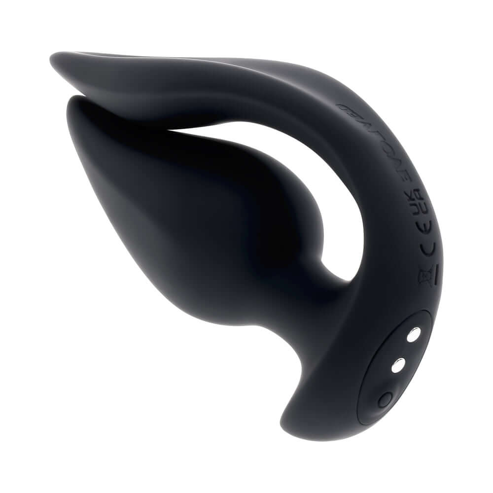 Evolved The Genie Anal Plug Black displayed at an angle to showcase its sleek design and dual motors.