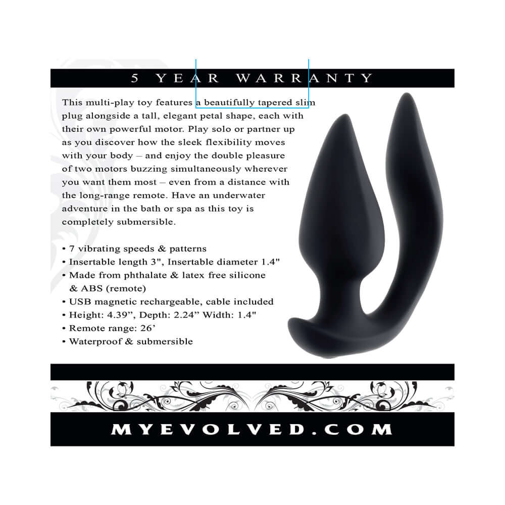 Evolved The Genie Anal Plug Black multi-play toy with tapered slim plug and petal-shaped stimulator.