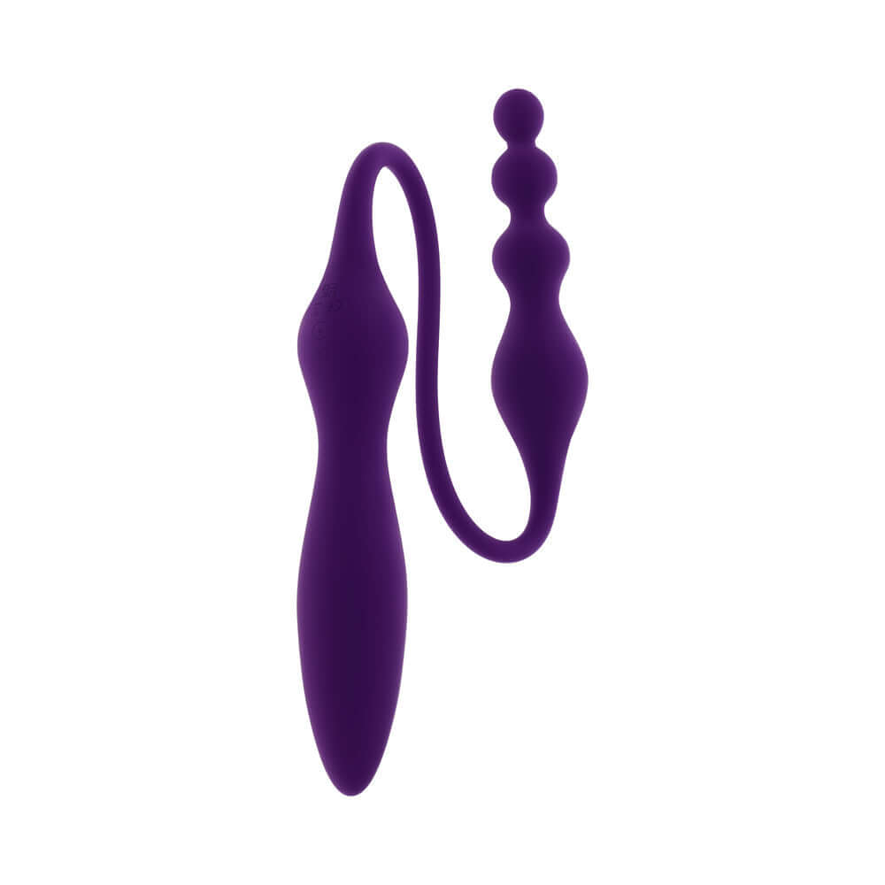 Playboy Pleasure This and That Double End Massager Acai in purple silicone design for versatile pleasure.