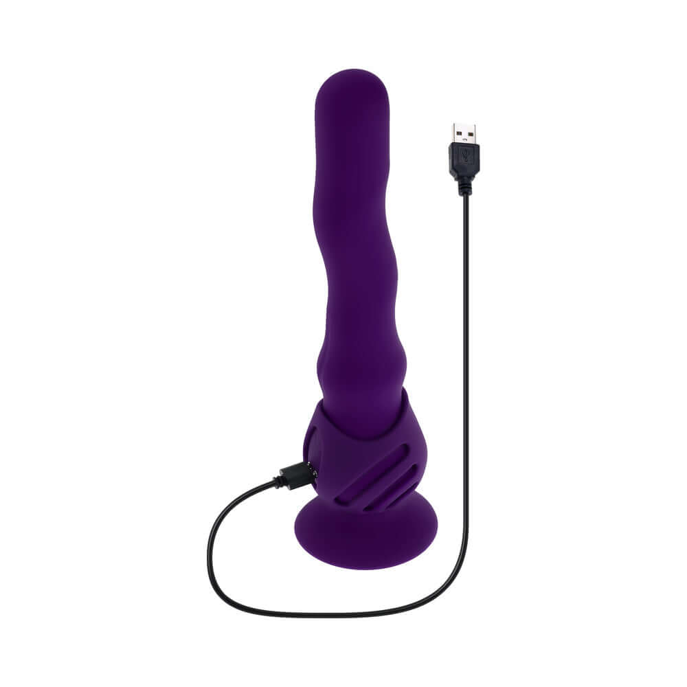 Playboy Wiggle It Vibrator Acai in purple with USB charging cable, featuring a unique twisting shape.