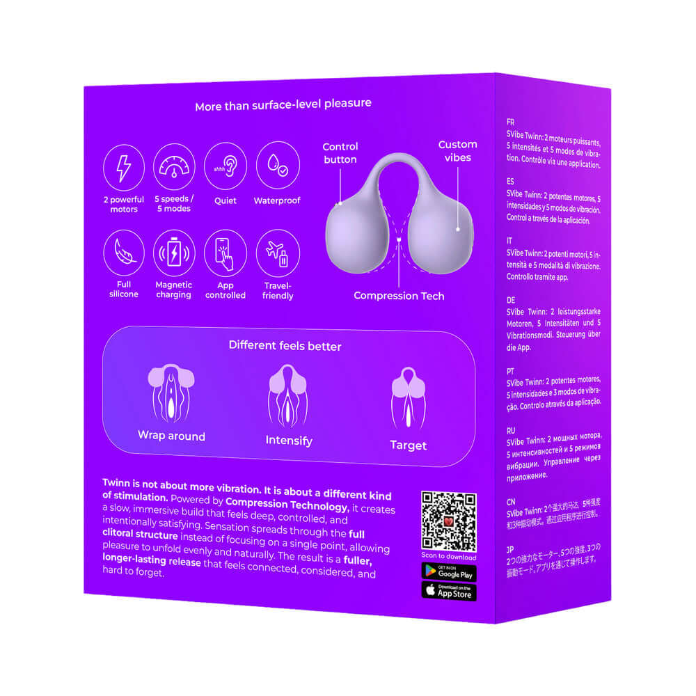 Svibe Snail Twinn Finger App Vibrator Lilac packaging showcasing control features and Compression Technology.