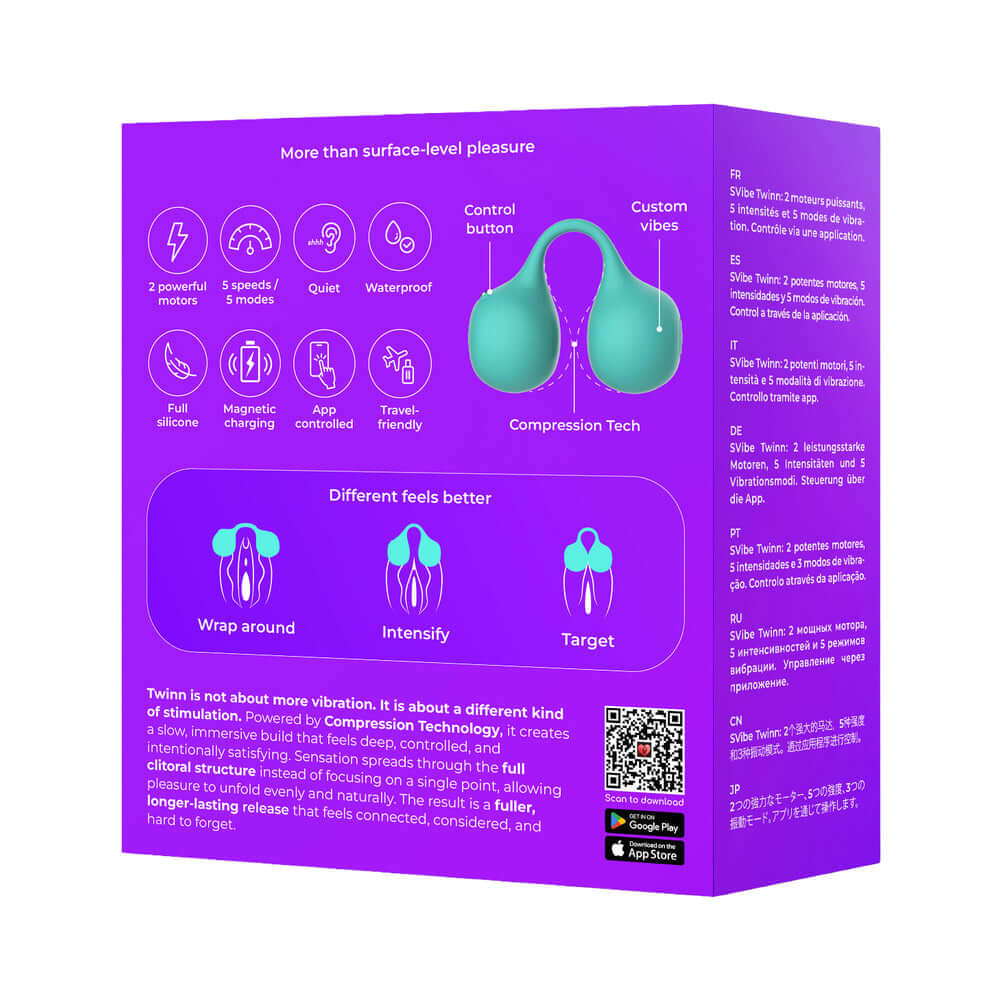 Svibe Snail Twinn Finger App Vibrator Tiffany packaging displaying features and Compression Technology.
