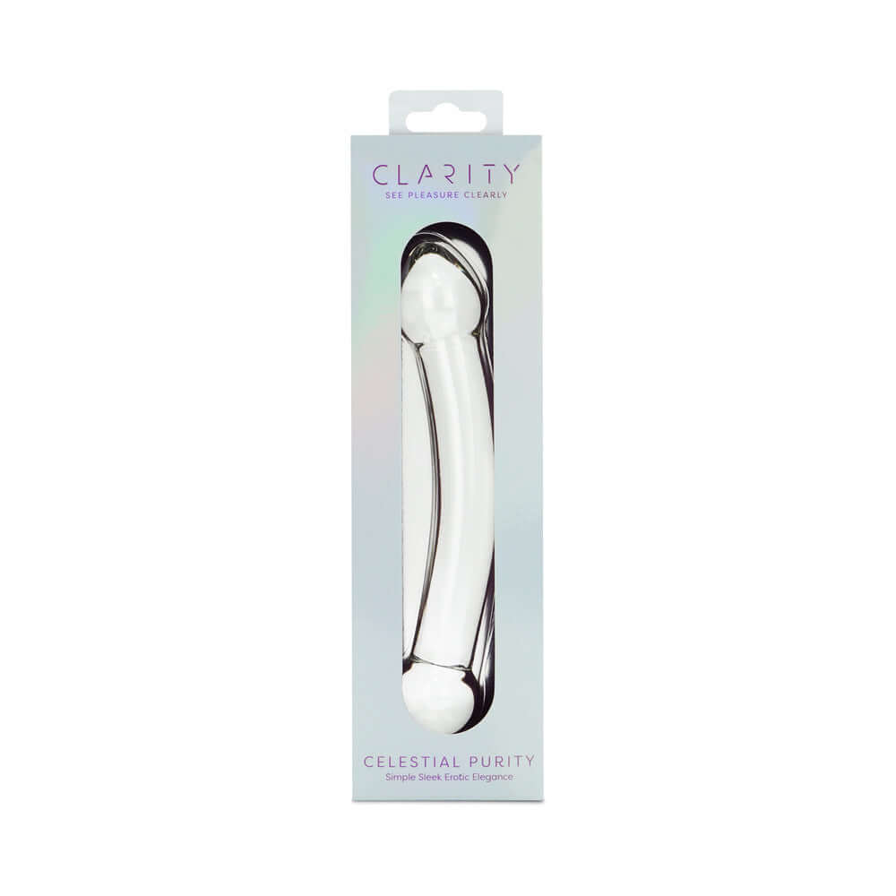 Clarity Celestial Purity Glass Dildo in elegant packaging showcasing its premium design and artistry.
