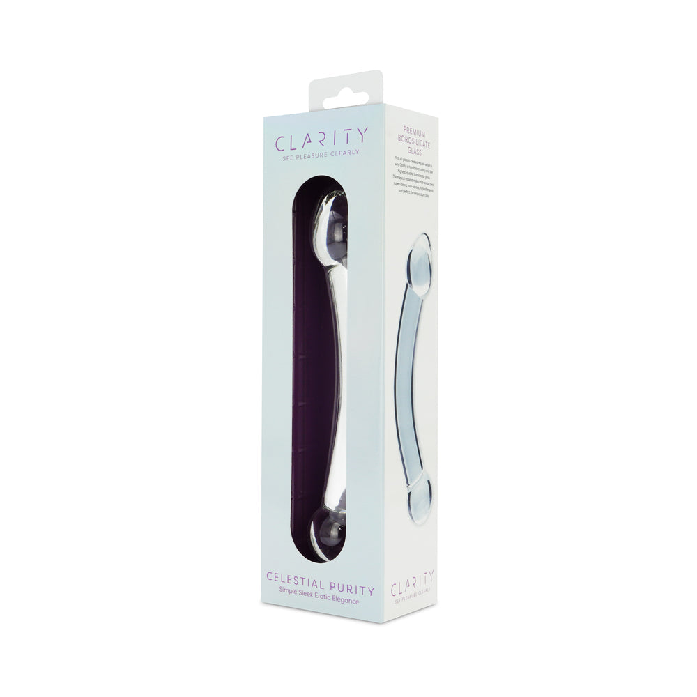 Clarity Celestial Purity Glass Dildo packaging showcasing elegant design and premium quality.