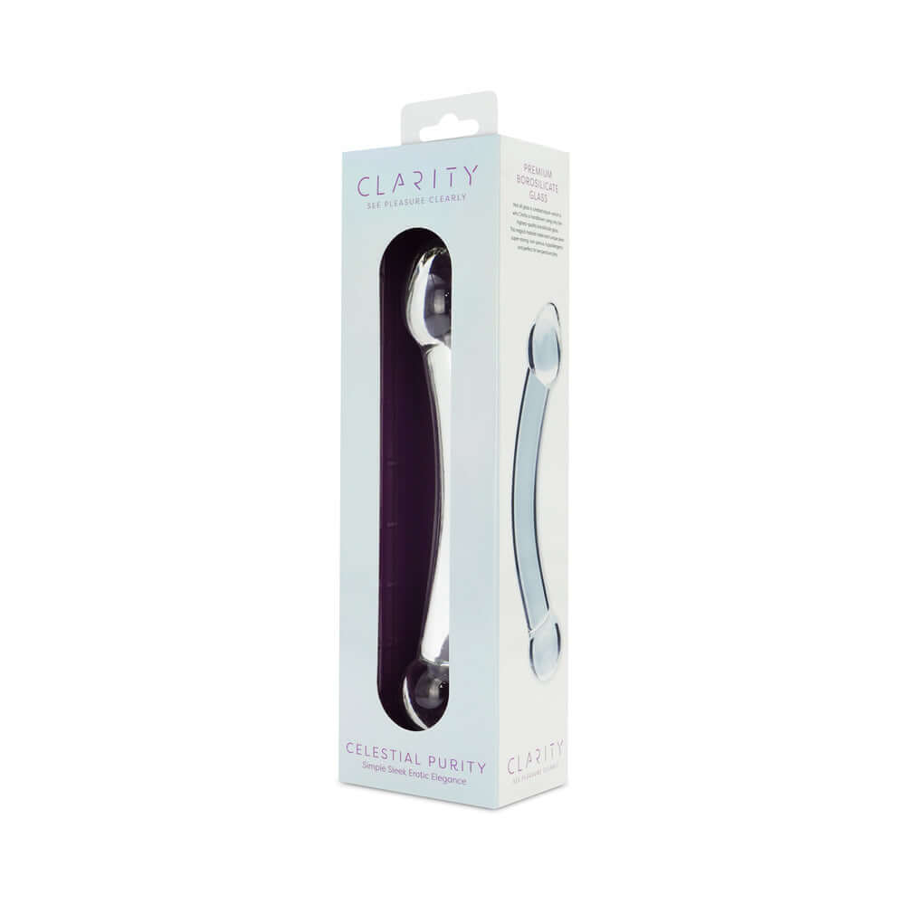 Clarity Celestial Purity Glass Dildo packaging showcasing elegant design and premium quality.