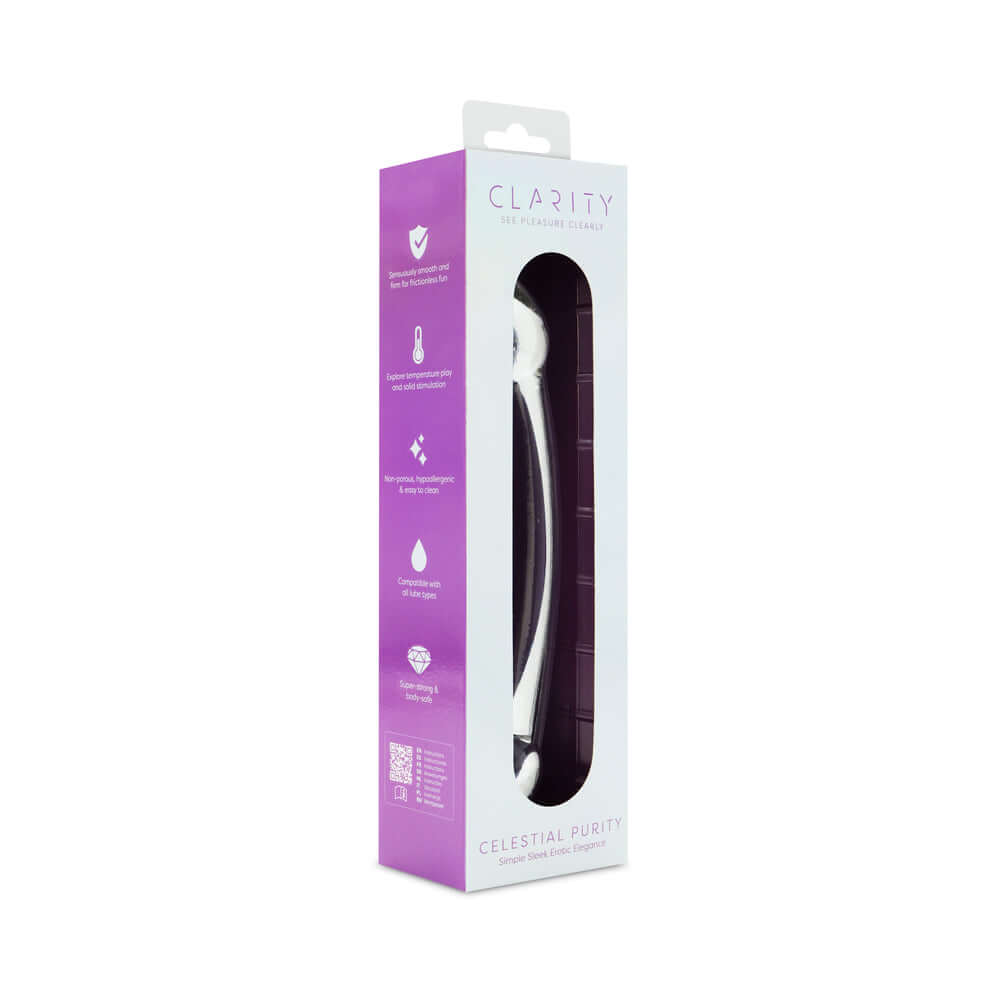 Clarity Celestial Purity Glass Dildo packaging featuring a sleek design and product information.