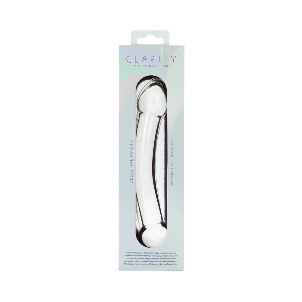 Clarity Celestial Purity Glass Dildo packaging showcasing its elegant design and premium quality.