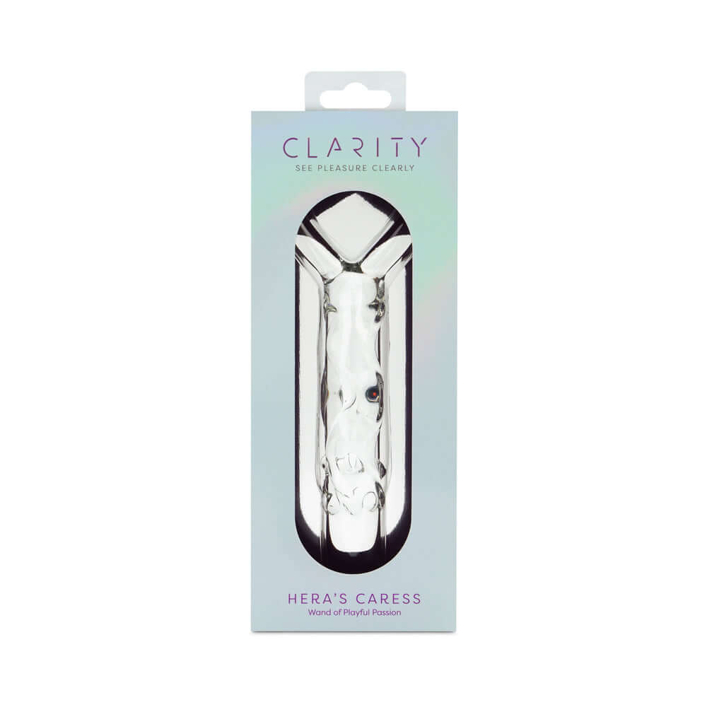 Clarity Heras Caress Glass Dildo in elegant packaging showcasing its design and sophistication.