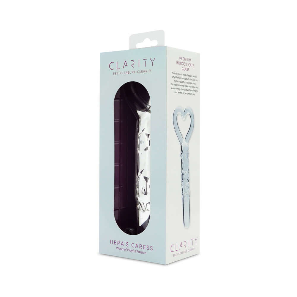 Clarity Heras Caress Glass Dildo packaging showcasing elegant design and premium borosilicate glass.