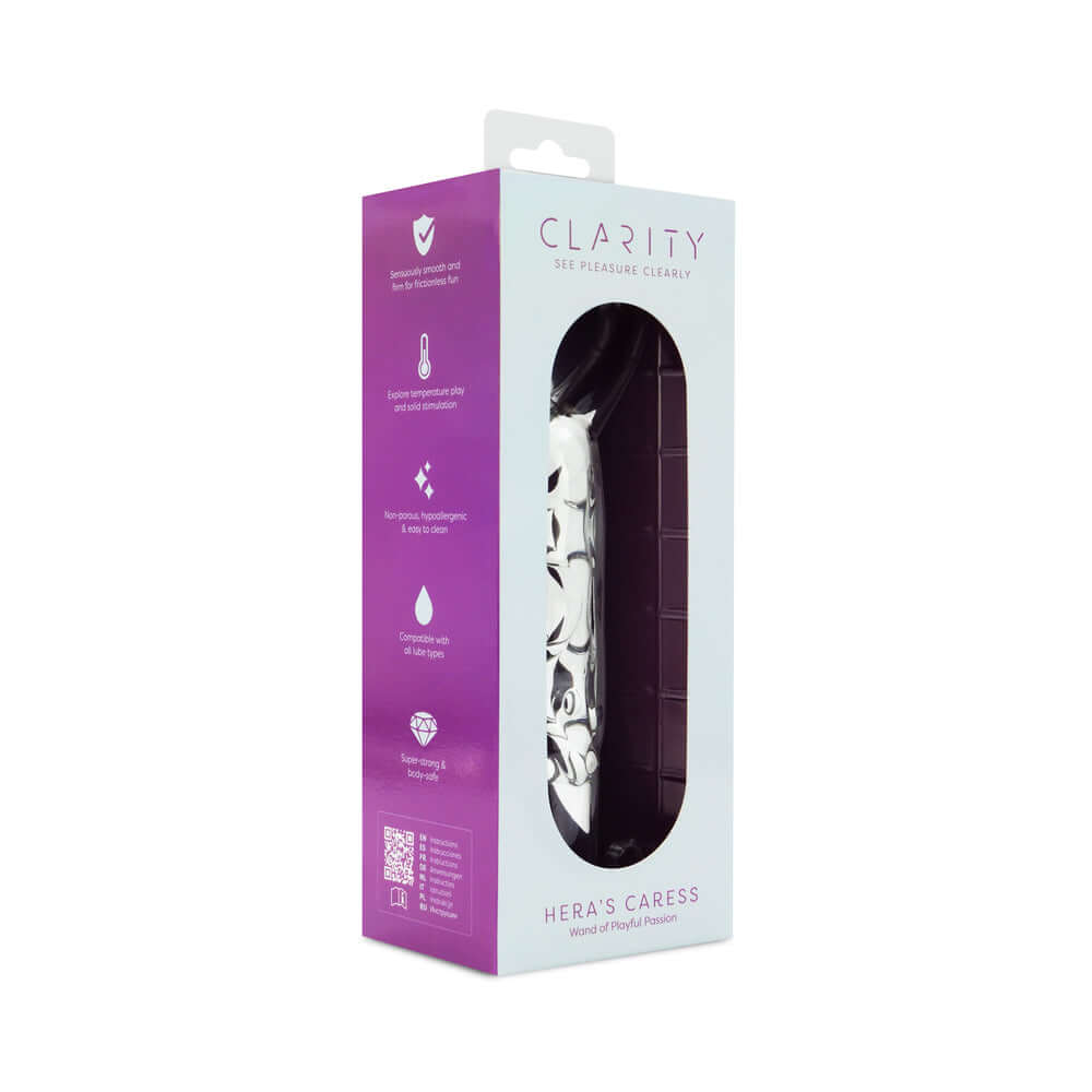 Clarity Heras Caress Glass Dildo packaging showcasing elegant design and product features for refined pleasure.