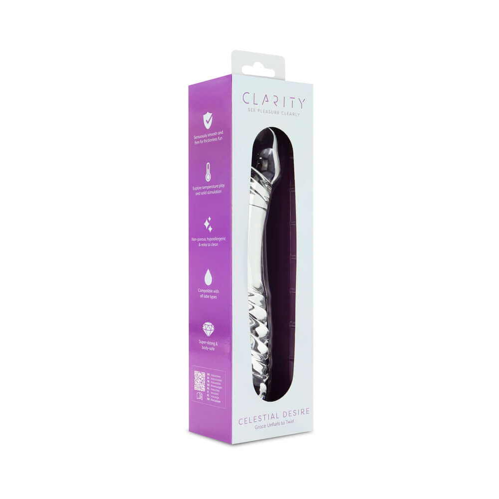 Clarity Celestial Desire Glass Dildo packaging featuring elegant design and product information.