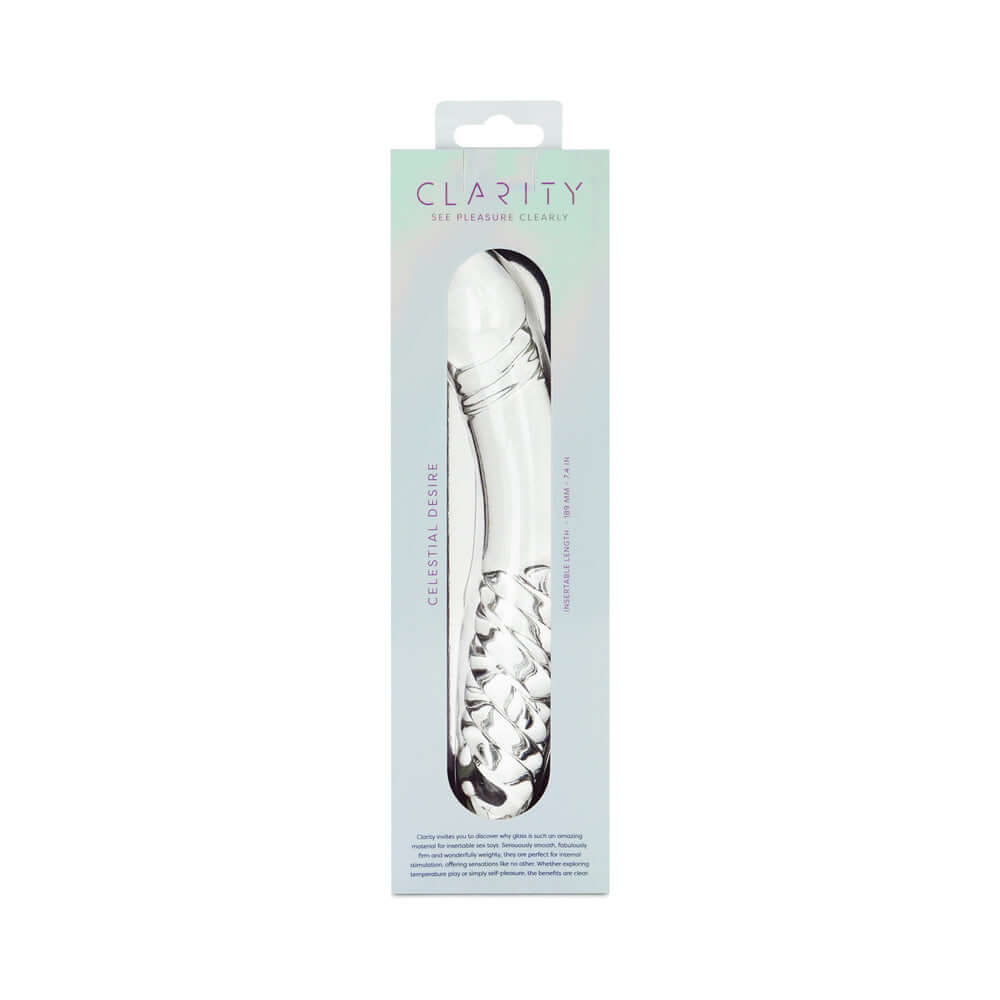 Clarity Celestial Desire Glass Dildo packaging with elegant design and smooth borosilicate glass for luxurious pleasure.