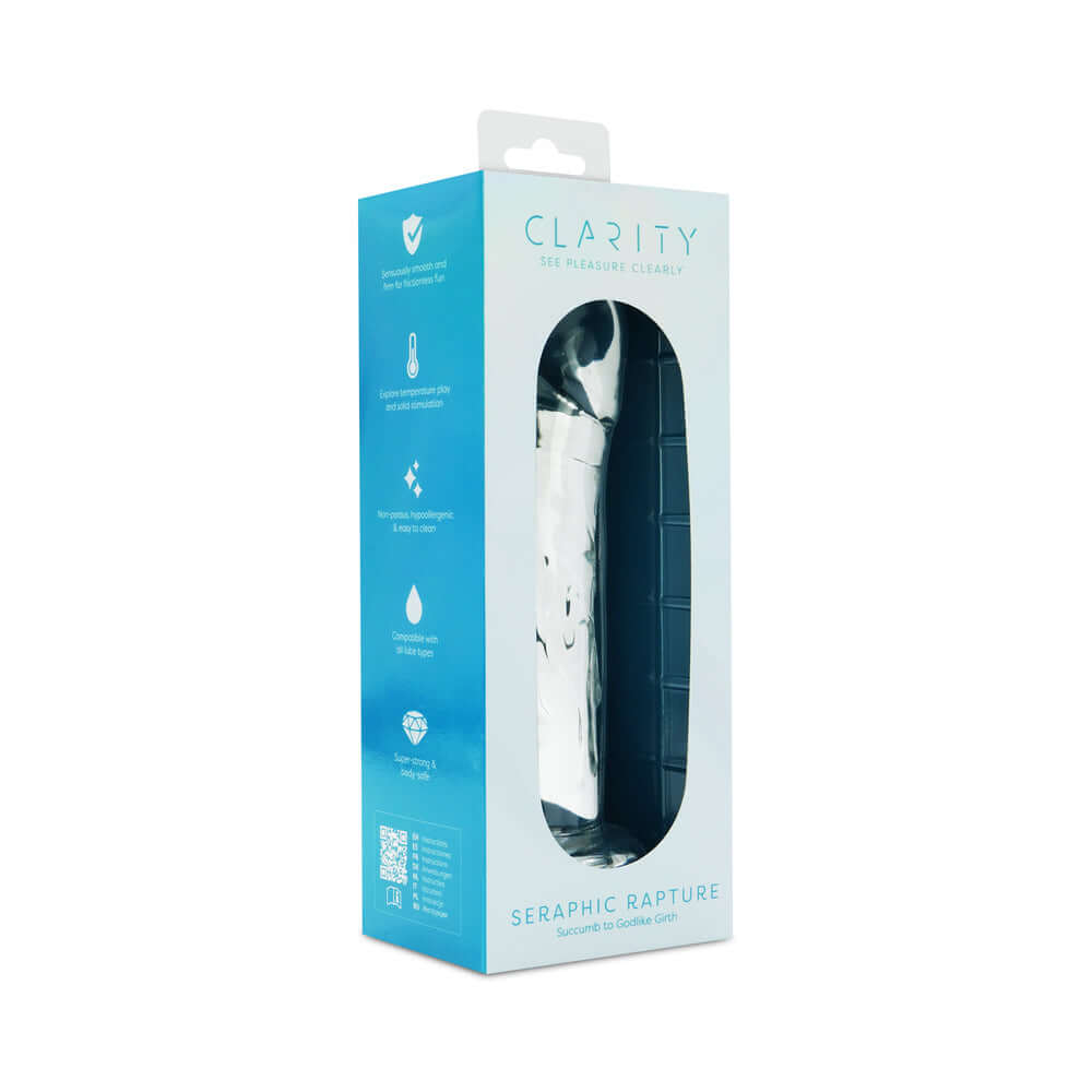 Clarity Seraphic Rapture Glass Dildo packaging, showcasing a sleek design and product details.