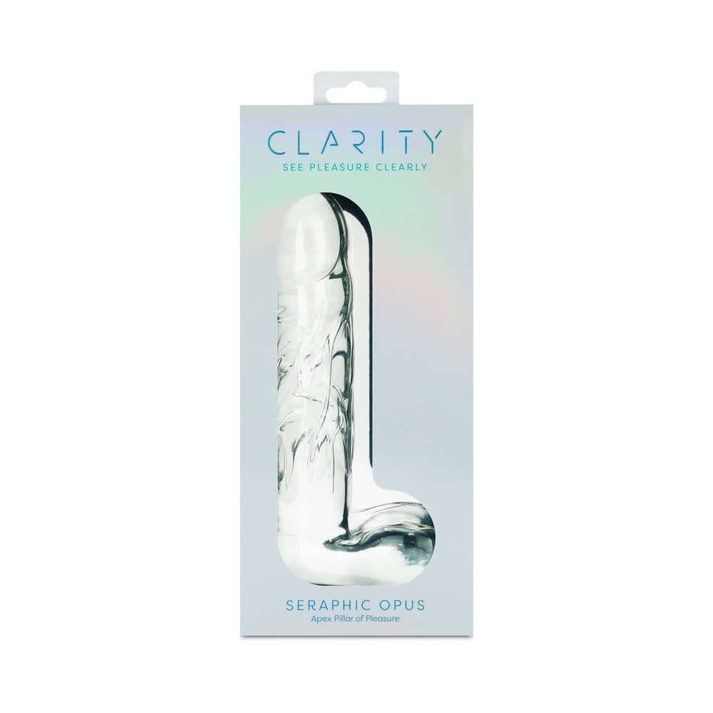 Clarity Seraphic Opus Glass Dildo packaging showcasing its elegant design and craftsmanship.