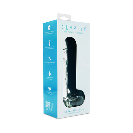 Clarity Seraphic Opus Glass Dildo packaging showcasing elegant design and premium features for pleasurable experiences.