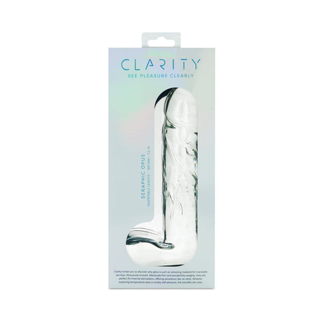 Clarity Seraphic Opus Glass Dildo packaging showcasing elegant design and craftsmanship.