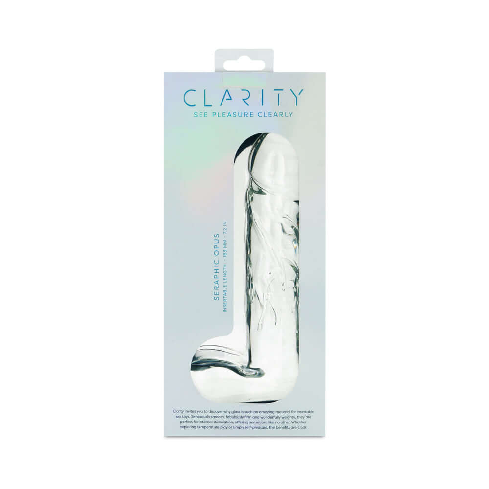 Clarity Seraphic Opus Glass Dildo packaging showcasing elegant design and craftsmanship.