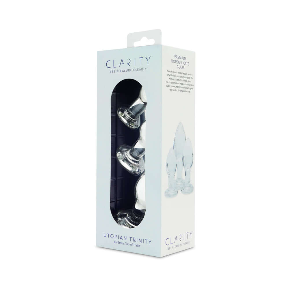 Clarity Utopian Trinity Glass Plug Set packaging showcasing three glass plugs in a stylish box.