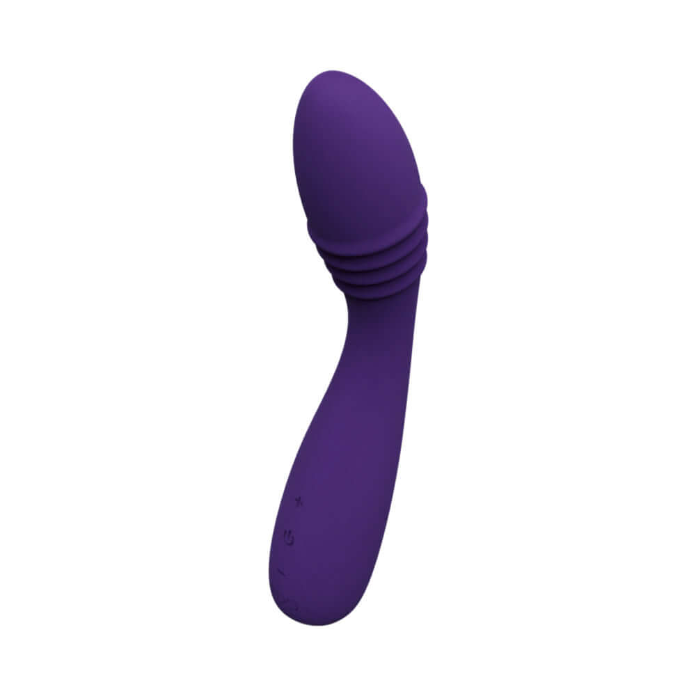 VeDO Ohni Rechargeable G-Spot Thrusting Vibe Purple shown from the side, designed for dual-stimulation and thrusting pleasure.