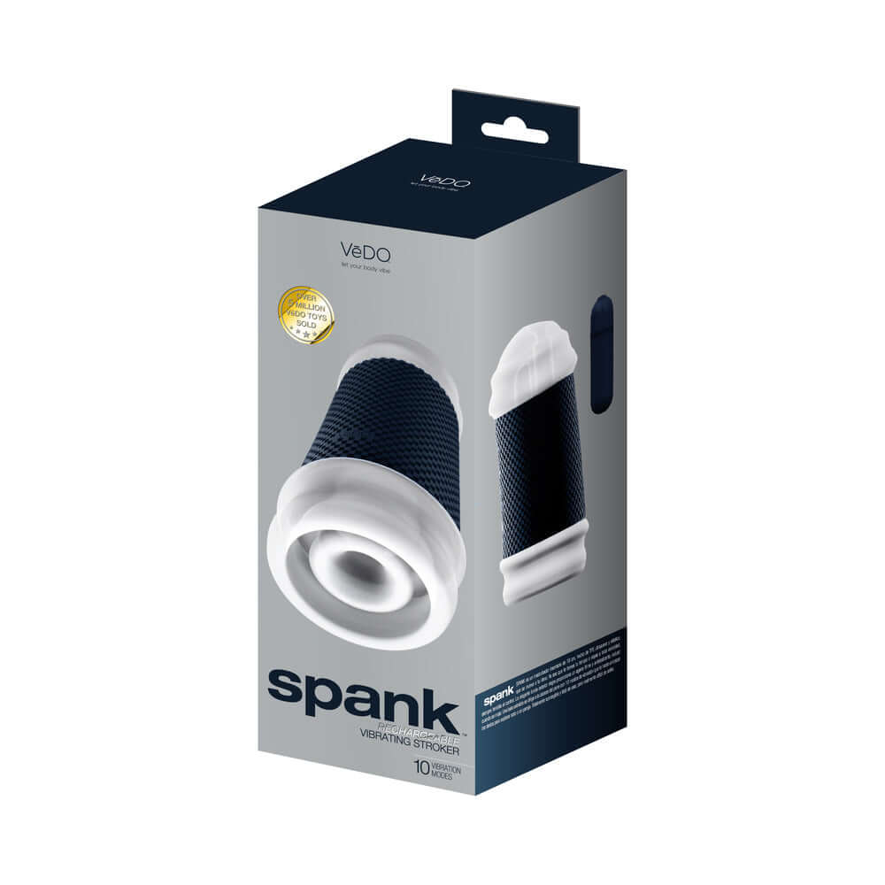 VeDO Spank Rechargeable Vibrating Stroker Clear packaging showing the product and its features.