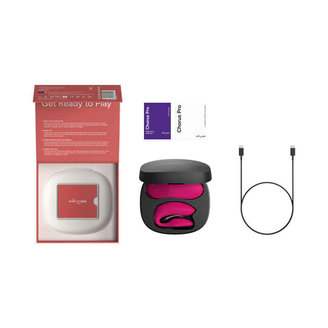 We-Vibe Chorus Pro Couples Massager Electric Pink packaging and accessories including a USB charging cable.