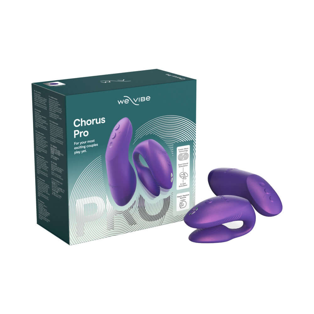 We-Vibe Chorus Pro Cosmic Purple packaging and vibrator, designed for couples' intimate connection and pleasure.