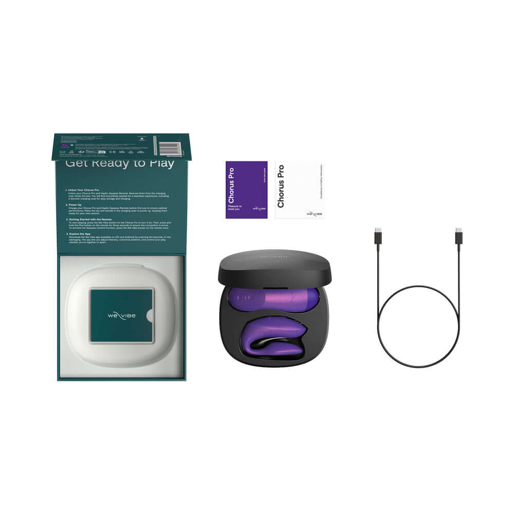 We-Vibe Chorus Pro Cosmic Purple packaging and accessories including charger and instructions.