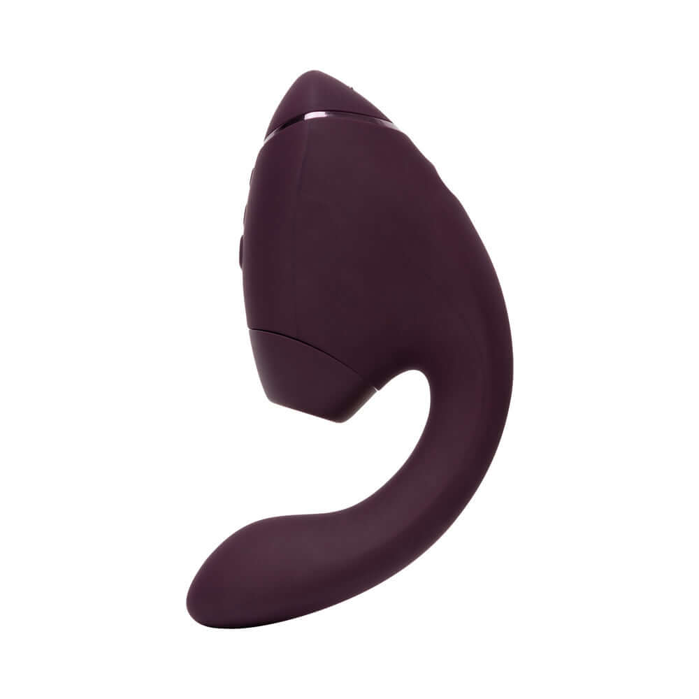 Womanizer Next Duo Massager Dark Purple side view showcasing its unique design and ergonomic shape.