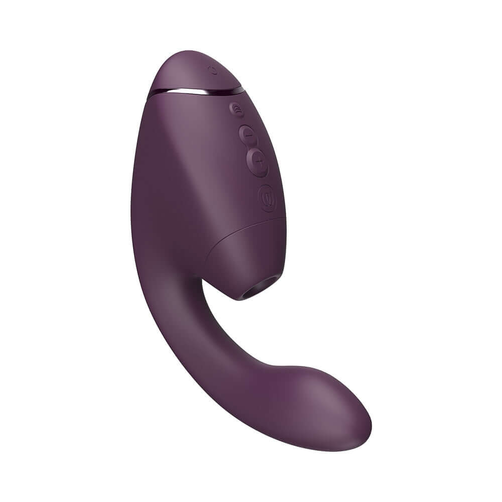 Womanizer Next Duo Massager Dark Purple side view with ergonomic design and control buttons.