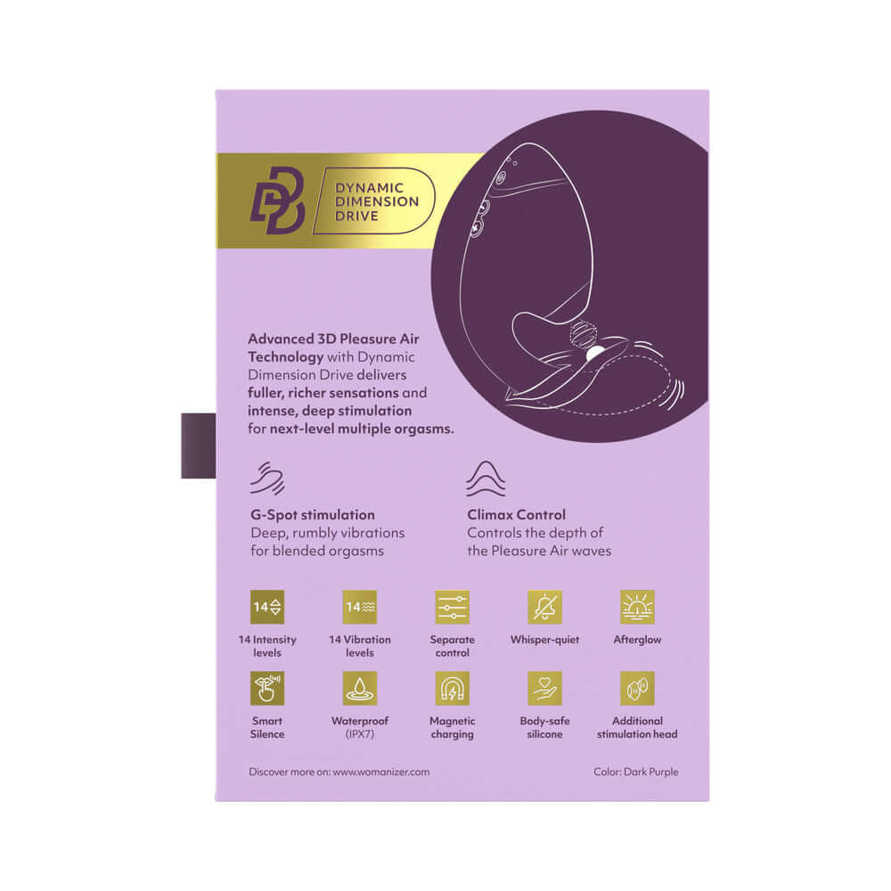 Womanizer Next Duo Massager Dark Purple packaging showcasing features and specifications for enhanced pleasure.