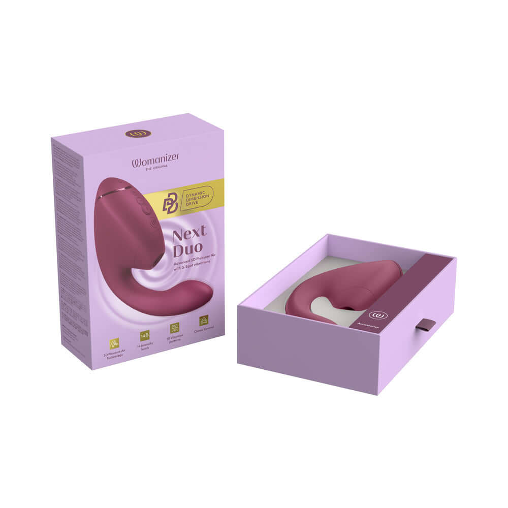 Womanizer Next Duo Massager Dusky Pink in packaging with open box showcasing the product.
