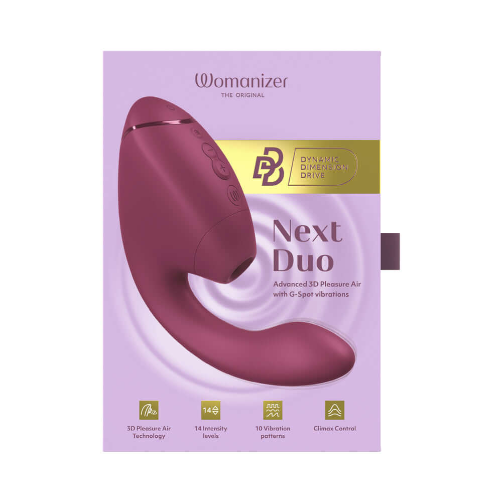 Womanizer Next Duo Massager Dusky Pink packaging featuring advanced 3D Pleasure Air and G-Spot vibrations.