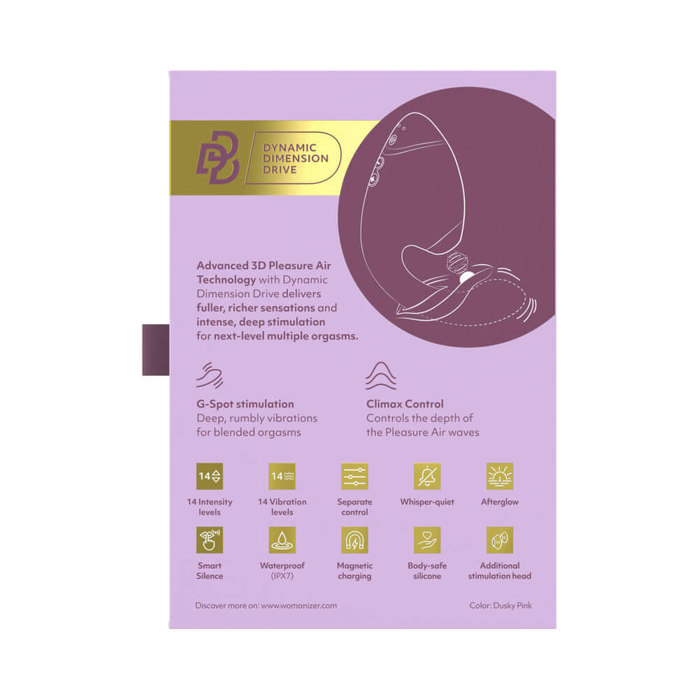 Womanizer Next Duo Massager Dusky Pink packaging showcasing features and technology for enhanced pleasure.