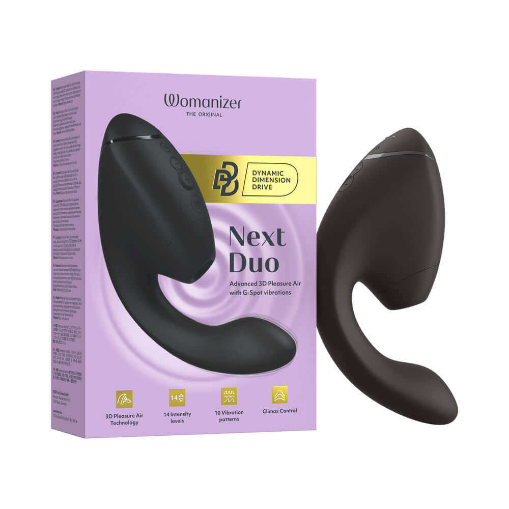 Womanizer Next Duo Massager Black with 3D Pleasure Air Technology and G-spot vibrations packaging.