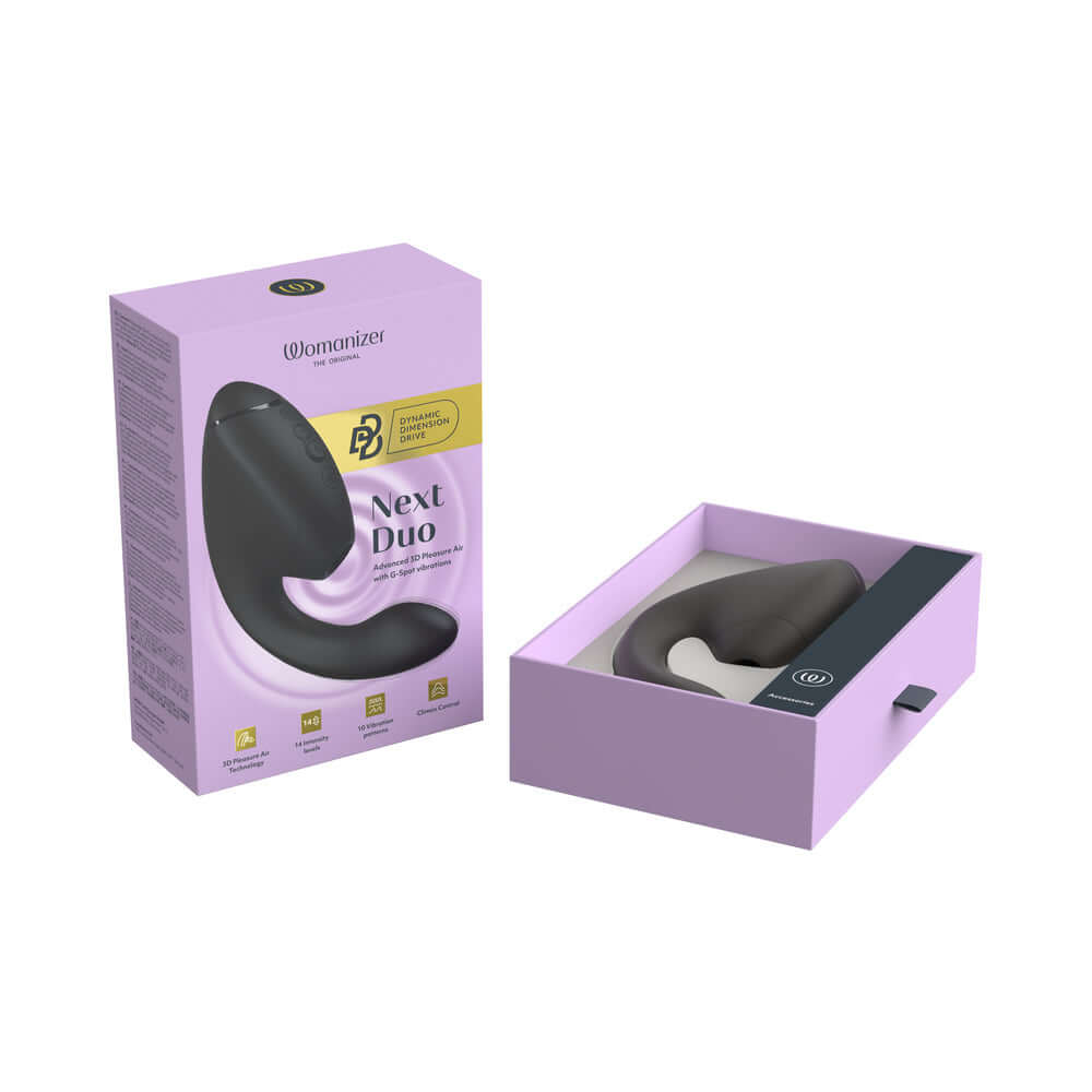 Womanizer Next Duo Massager Black in its packaging, showcasing dual stimulation design and sleek black finish.