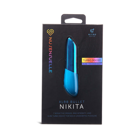 Nu Sensuelle Nikita Bullet with Nitro Motor Deep Turquoise packaging, showcasing its sleek design and turbo boost technology.