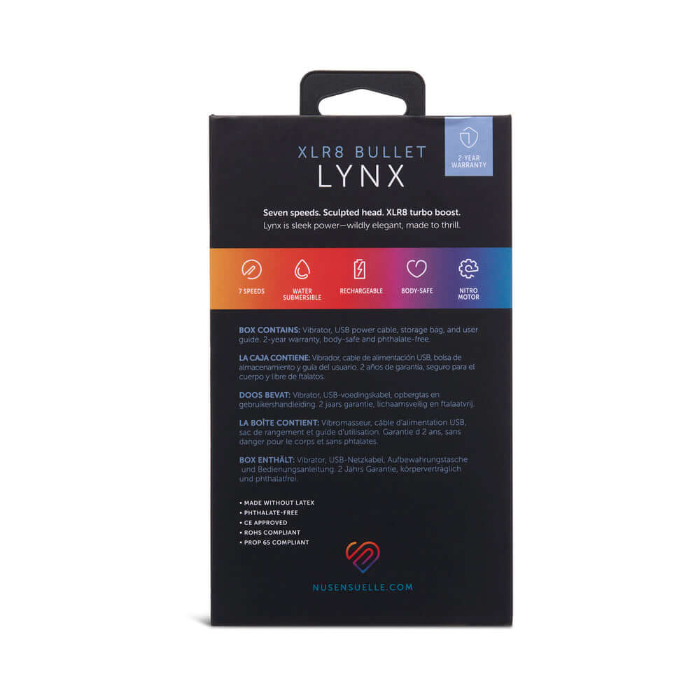 Nu Sensuelle Lynx Bullet with Nitro Motor Magenta product packaging details and features.